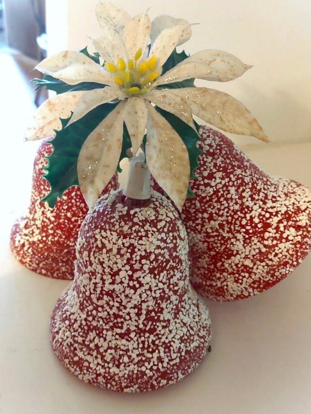 Vintage Christmas Large Red Hard Plastic Flocked Light Up Bells - Retro Kitsch